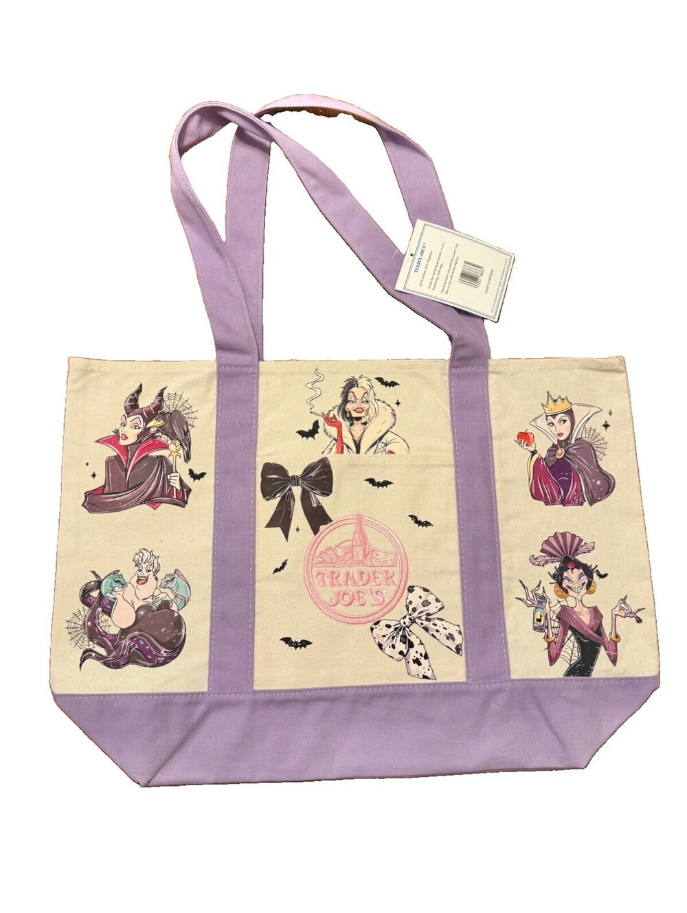 Trader Joe's Disney Villians Themed Canvas Tote Bag with Purple handles